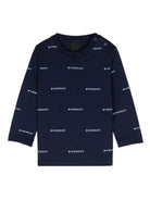 T shirt per neonati blu con logo Givenchy bianco stampato in all-over con font dritto H30579 85T GIVENCHY KIDS 