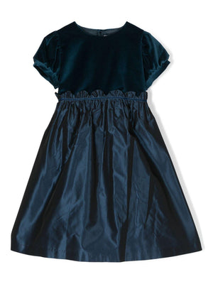 dress with puff sleeves and velvet trim