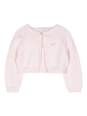Monnalisa pink baby girl cardigan with rhinestone logo applique