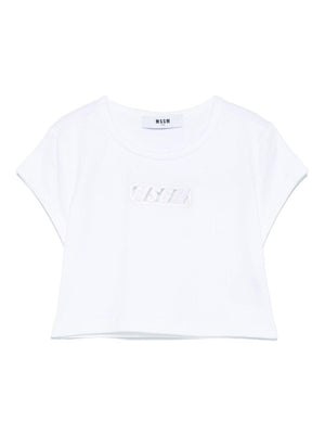 T-shirt per bambina MSGM Kids bianco in jersey elasticizzato con ricamo con logo frontale