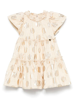 Monnalisa gold polka dot dress for girls with ruffled skirt