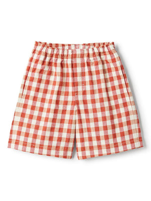 The Owl red checked shorts for boys with pocket slits