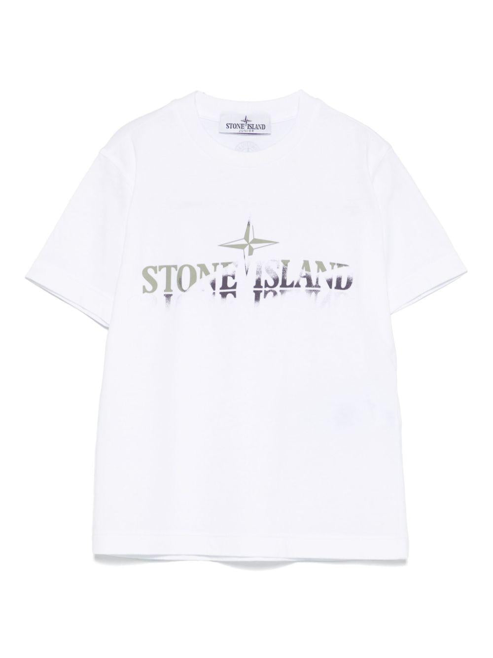 T-shirt con stampa per bambino Stone Island Junior bianco con girocollo K1S162100010S0150 V0001 STONE ISLAND JUNIOR 