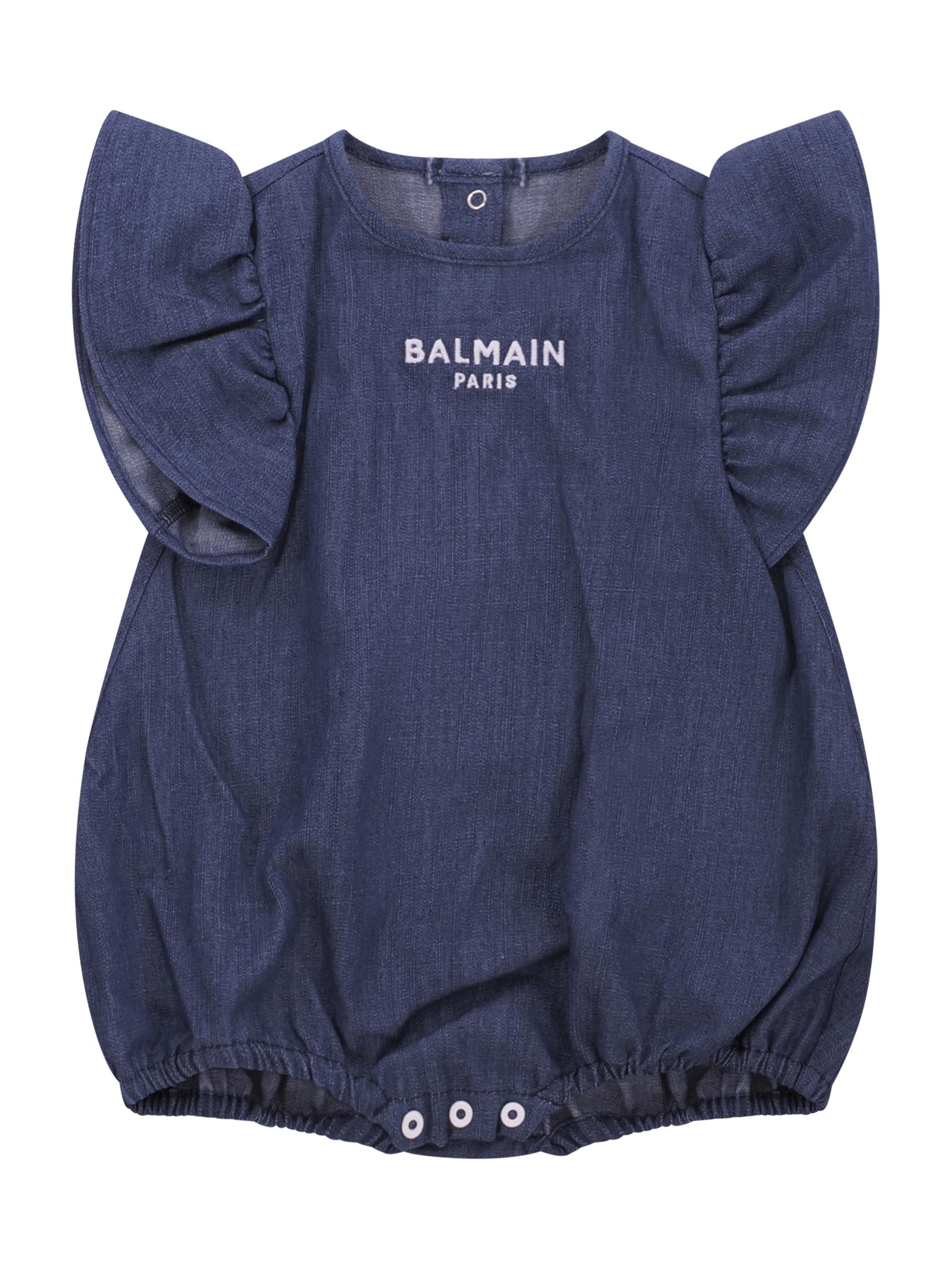 Tutina per neonata Balmain Kids denim con maniche a ruches BYA032 P0588 625 BALMAIN KIDS 