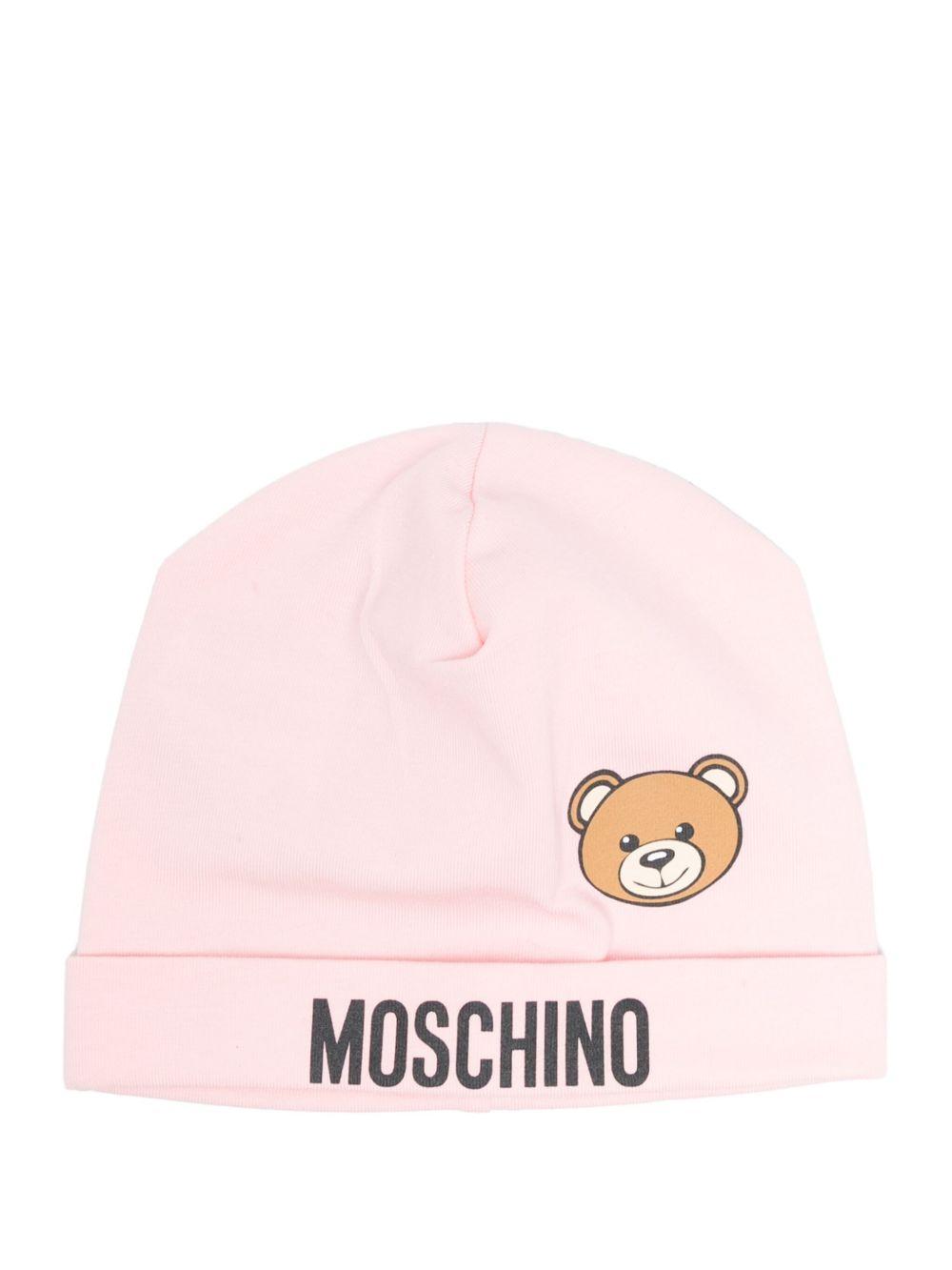 Cappello per neonata Moschino Kids rosa con stampa logo e Teddy Bear MUX05ALBA00 50209 MOSCHINO KIDS 
