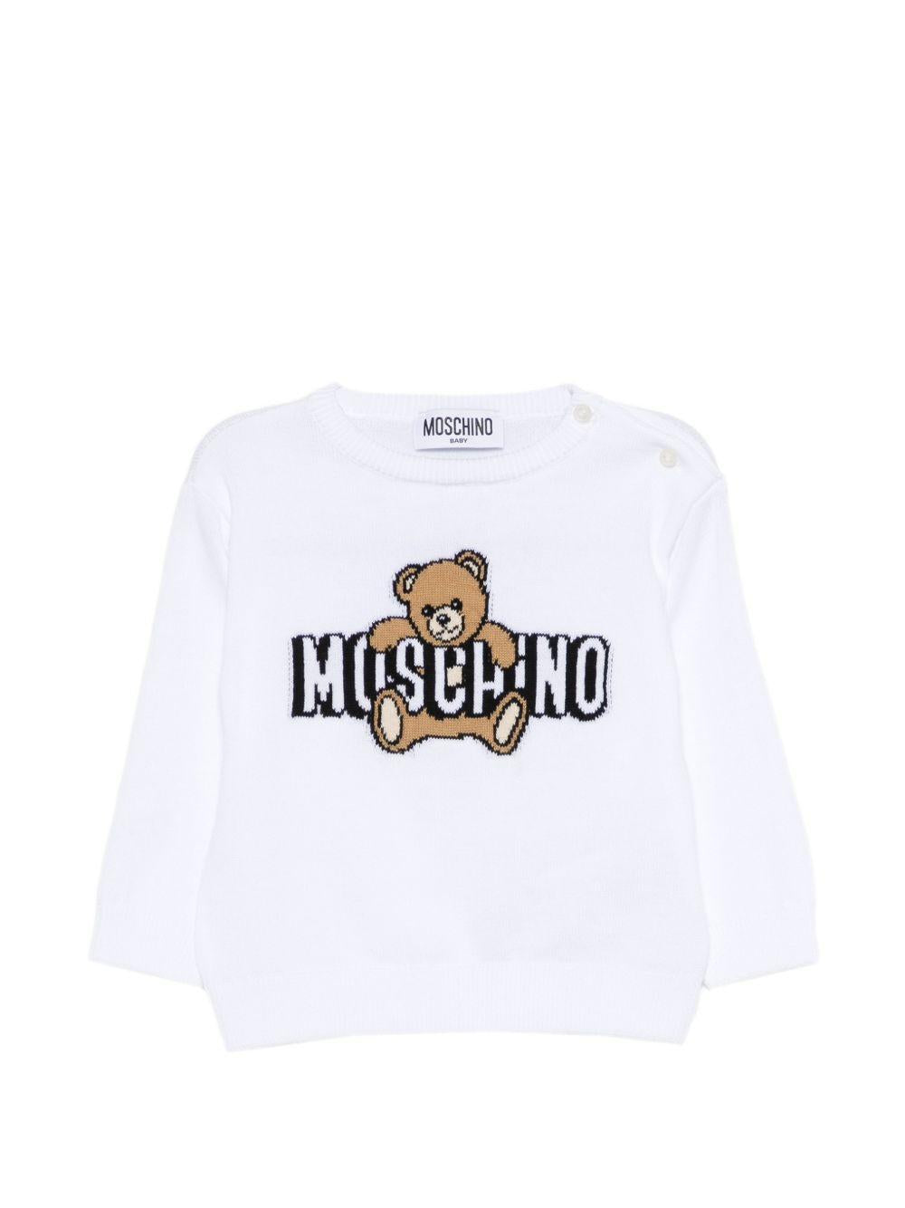 Maglione per neonati Moschino Kids bianca con logo ricamato sul davanti M8W00JLHE62 10101 MOSCHINO KIDS 