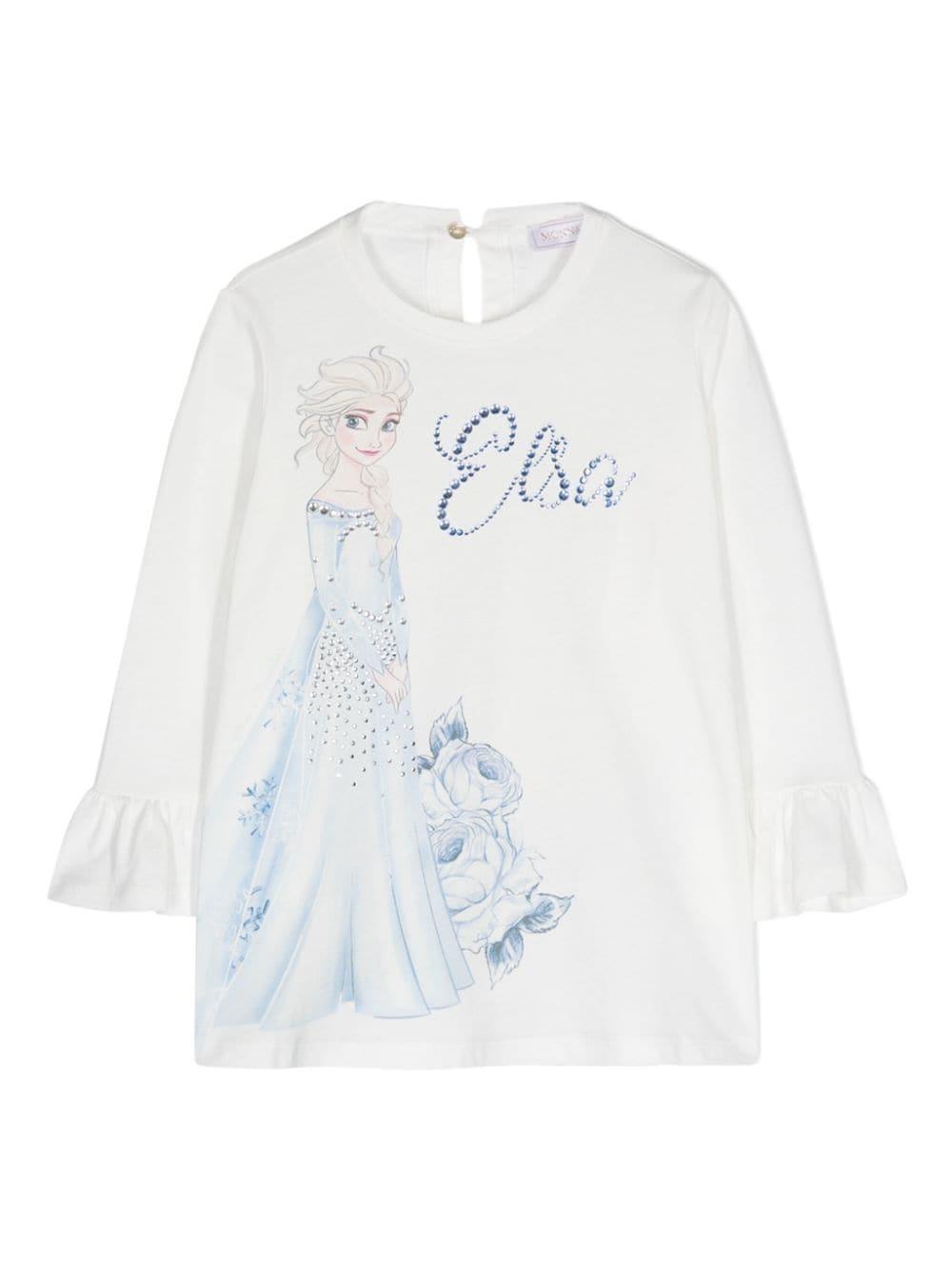 T-shirt bianca per bambina con strass e stampa Elsa Monnalisa 19D621 4003 0001 MONNALISA 