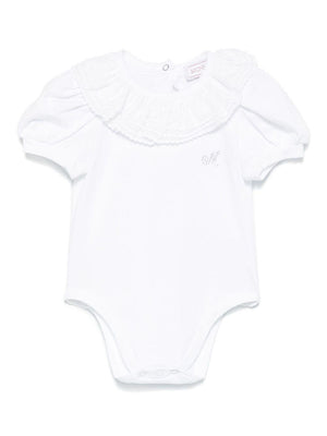 Monnalisa white baby girl bodysuit with rhinestones and ruffled collar