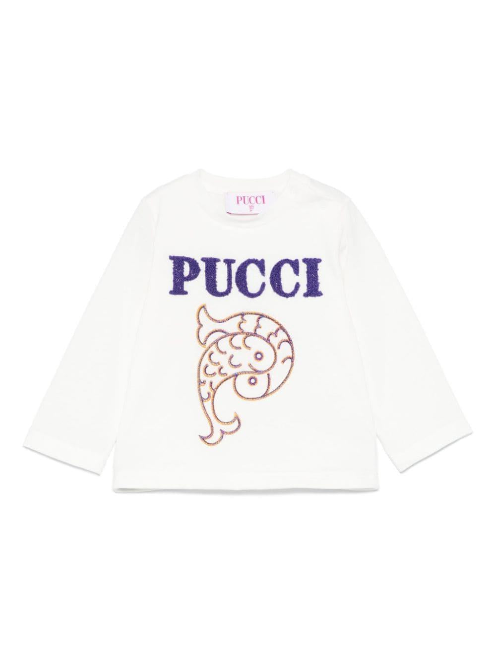 T-shirt per neonata Pucci Junior bianco con ricamo con logo frontale PV8060 J0177 101 EMILIO PUCCI JUNIOR 