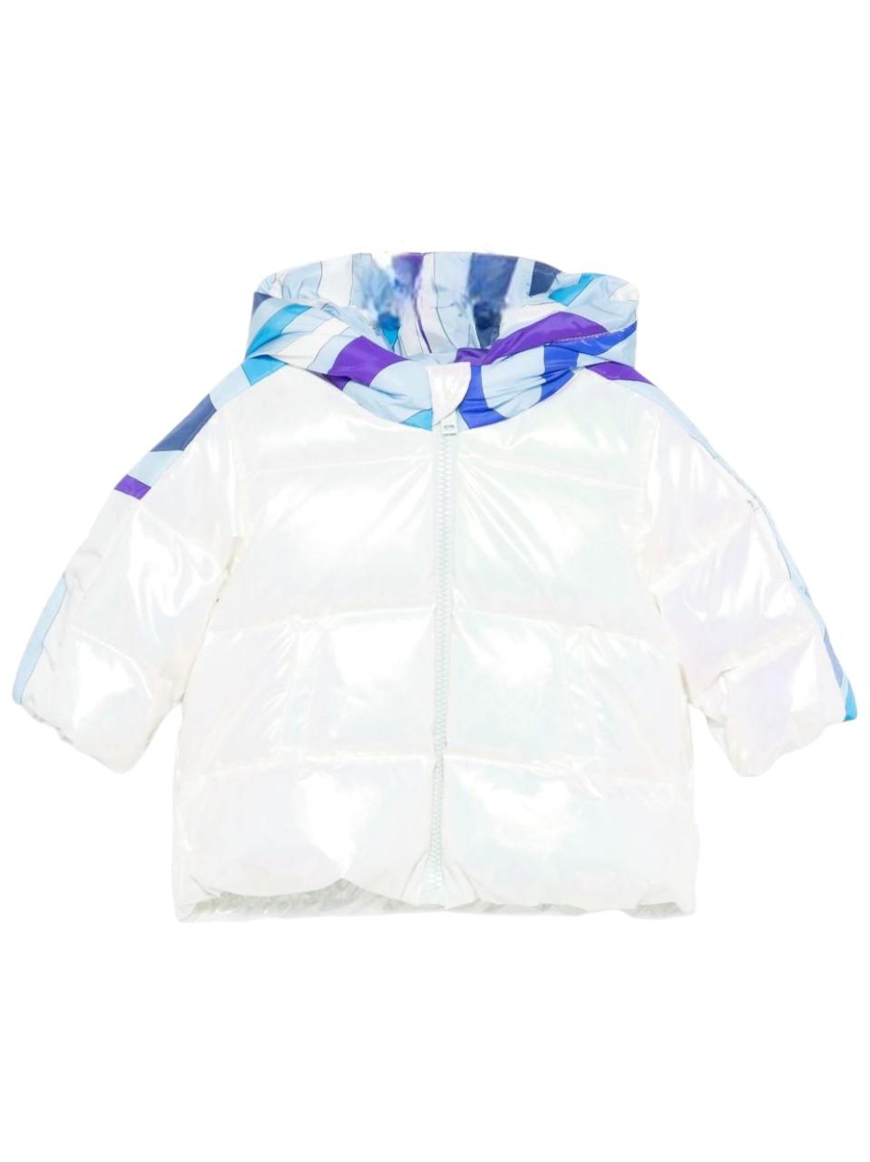 Giubbino per neonata Emilio Pucci Junior bianco con cappuccio con stampa geometrica azzurra PX2030 B0044 102 EMILIO PUCCI JUNIOR 