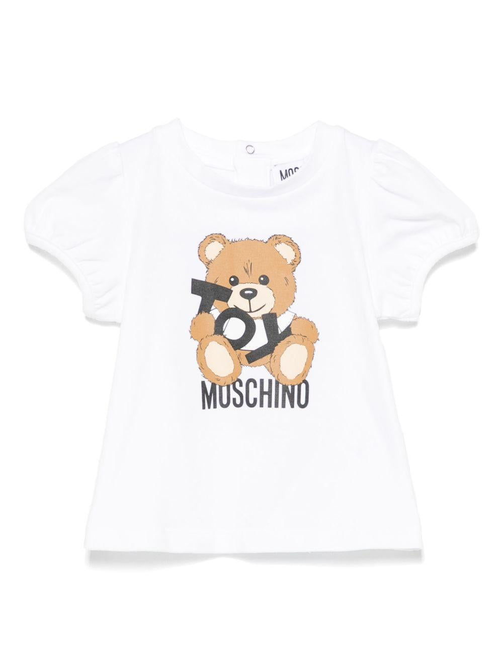T-shirt con stampa Leo Teddy per neonato Moschino Kids bianco con chiusura posteriore MDM03KLBA00 10101 MOSCHINO KIDS 