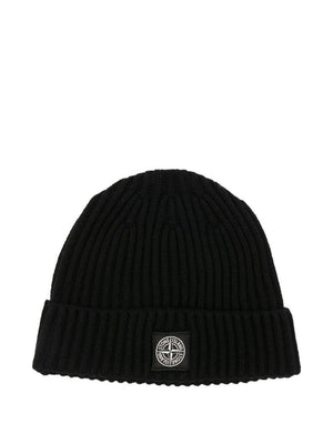 Stone Island Junior black hat for children with logo patch