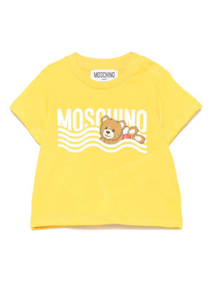 Moschino Kids yellow T-shirt with logo print for newborns with straight hem