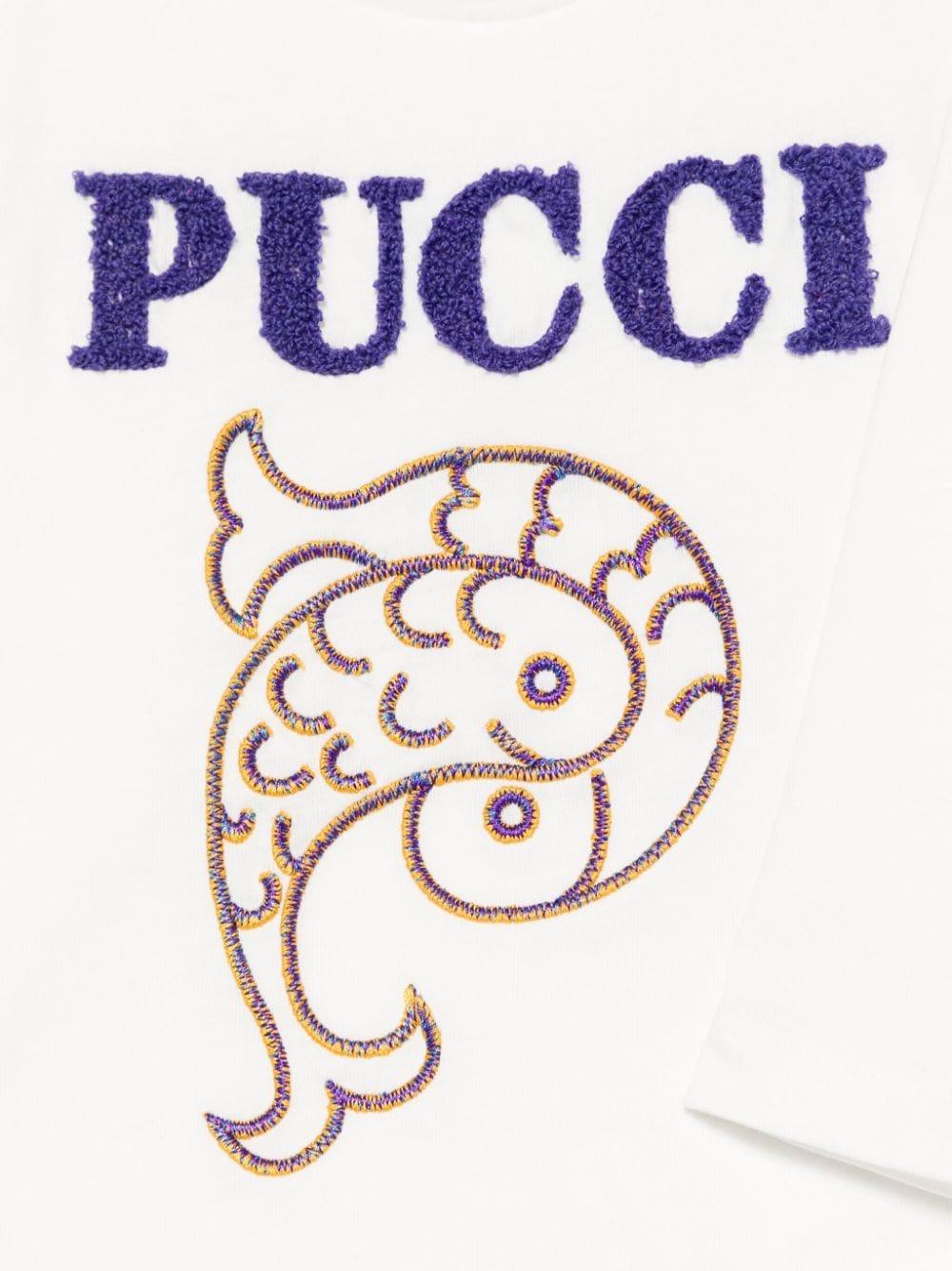 T-shirt per neonata Pucci Junior bianco con ricamo con logo frontale PV8060 J0177 101 EMILIO PUCCI JUNIOR 