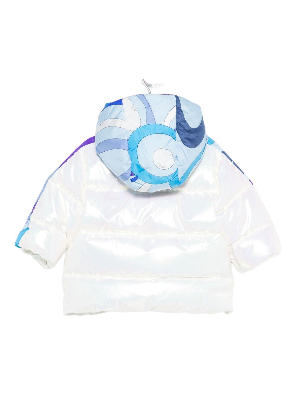 Giubbino per neonata Emilio Pucci Junior bianco con cappuccio con stampa geometrica azzurra PX2030 B0044 102 EMILIO PUCCI JUNIOR 