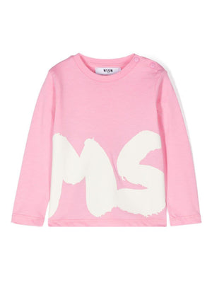 Pink long-sleeved T-shirt for girls with maxi white MSGM print
