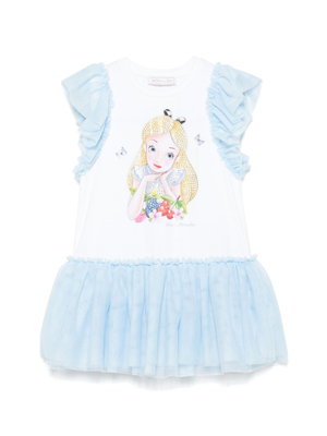Monnalisa white dress for girls with Alice x Disney print