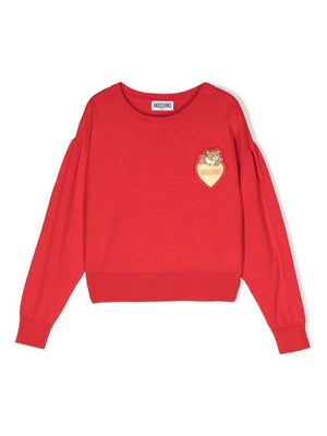 Moschino Kids red sweater for girls with Teddy Bear applique