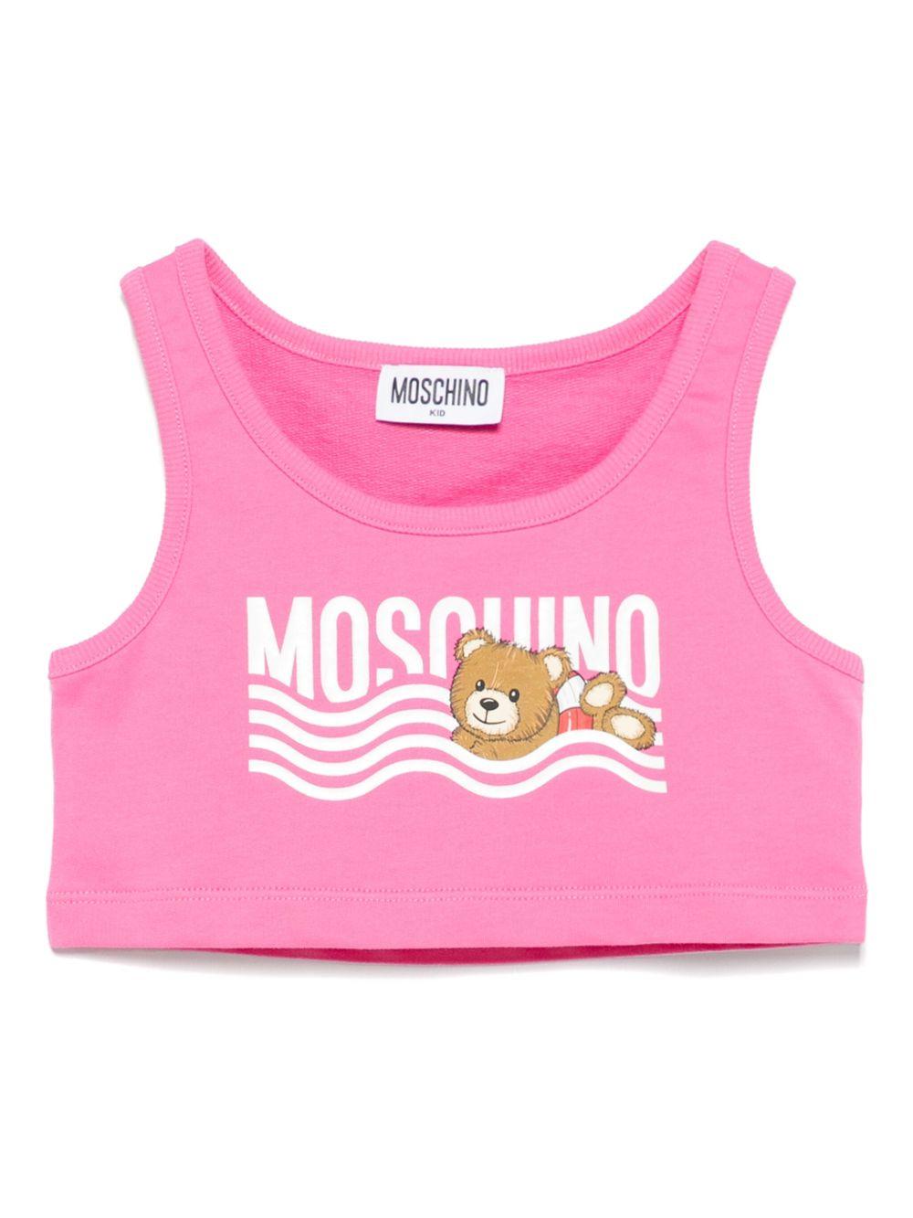 Top con stampa logo per bambina Moschino Kids rosa con orlo dritto HDM06PLCA19 50533 MOSCHINO KIDS 