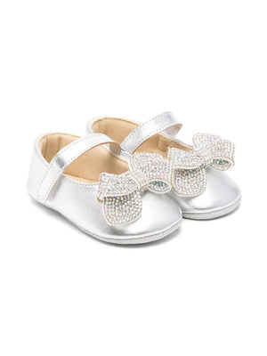 Ballerine con fiocco e cristalli per neonata BabyWalker argento con chiusura a strappo