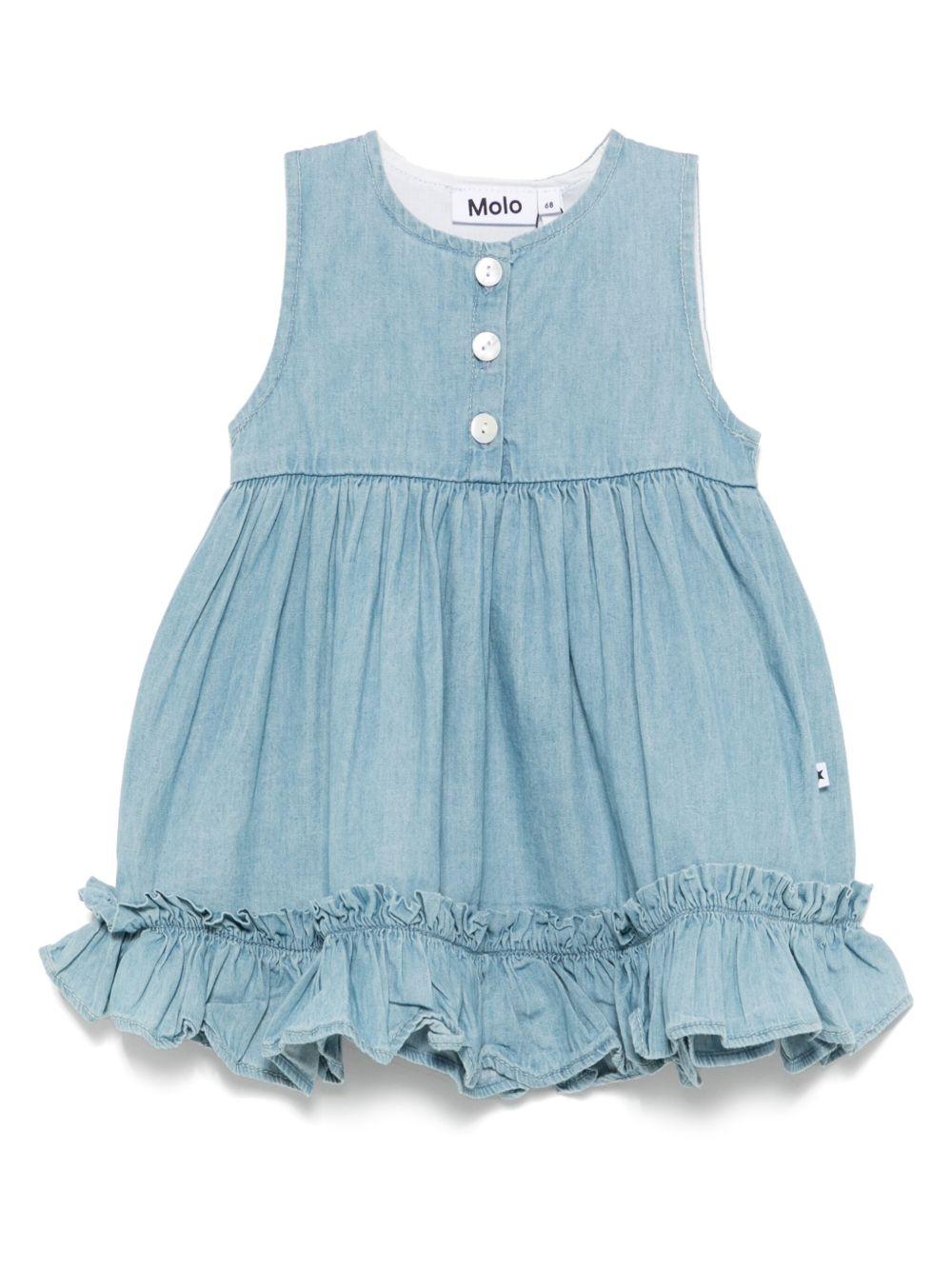 Abito per neonata Molo azzurro con chiusura posteriore con bottone e dettaglio con ruches 4S25E106 5483 MOLO 