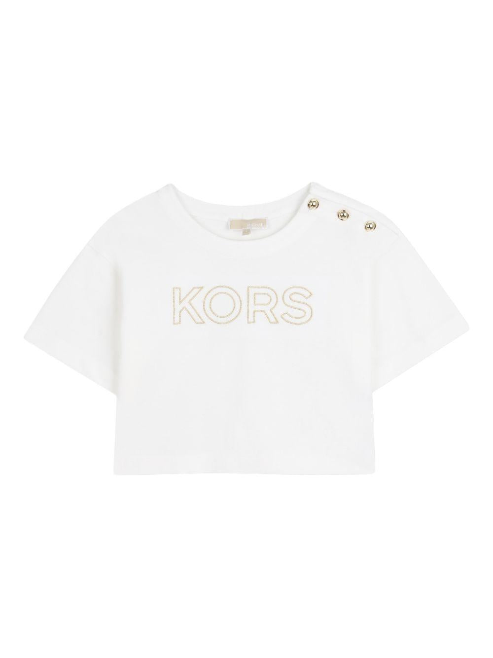 T-shirt per bambina Michael Kors Kids bianca con bottoni sulla spalla R30605 117 MICHAEL KORS KIDS 