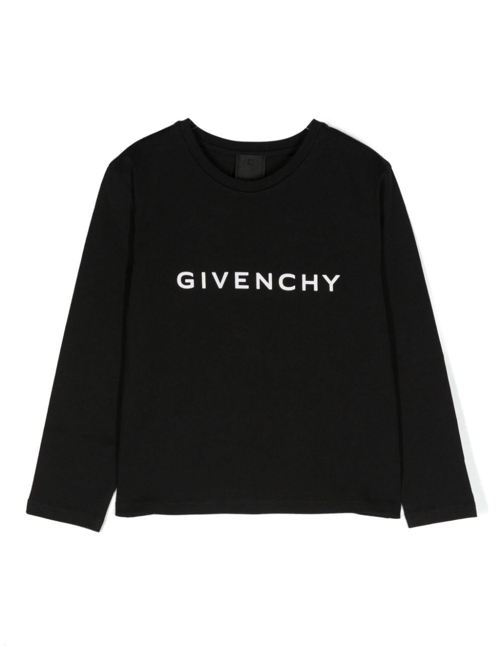 T shirt per bambina nera a maniche lunghe con logo Givenchy centrale bianco e stemma 4G posteriore H30430 09B GIVENCHY KIDS 