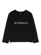 T shirt per bambina nera a maniche lunghe con logo Givenchy centrale bianco e stemma 4G posteriore H30430 09B GIVENCHY KIDS 