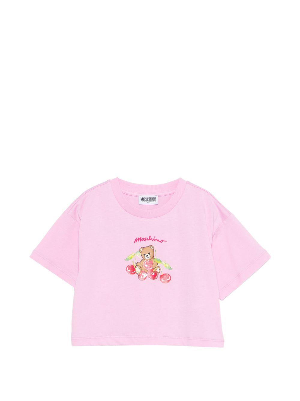 T-shirt per bambina Moschino Kids rosa con stampa ciliegie HDM075LAA02 51473 MOSCHINO KIDS 