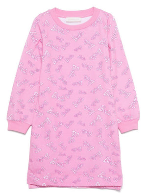 Monnalisa Pink Barbie Logo Print Dress for Girls with Ribbed Crew Neck