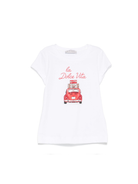 T-shirt per bambina Monnalisa bianco con stampa grafica e decorazione strass 11E626 5202 0099 MONNALISA 
