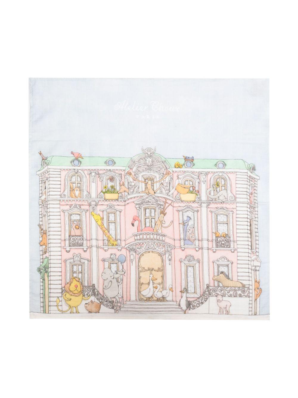Coperta Monceau Mansion per neonati Atelier Choux azzurra con stampa stile illustrazione CA-CQ-MOM A-U ATELIER CHOUX PARIS 