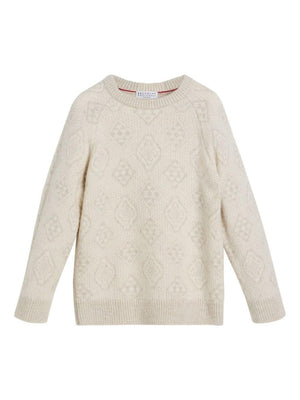 Brunello Cucinelli Kids white knitted sweater with patterned inlay