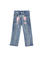 Jeans per bambina Monnalisa in denim con ricamo a fiori - Rubino Kids