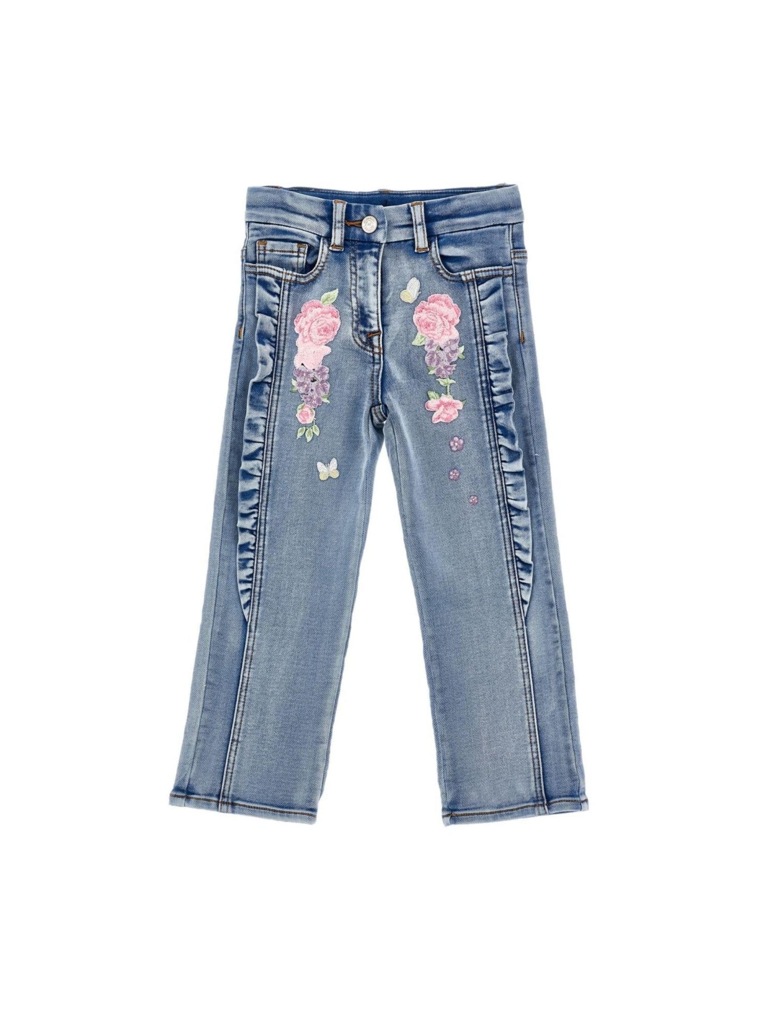 Jeans per bambina Monnalisa in denim con ricamo a fiori - Rubino Kids