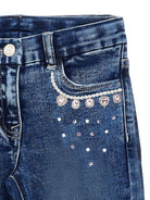 Jeans per bambina Monnalisa in denim modello svasati con decorazione - Rubino Kids