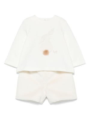 White Il Gufo baby girl's T-shirt and shorts with rabbit print and motif on the front