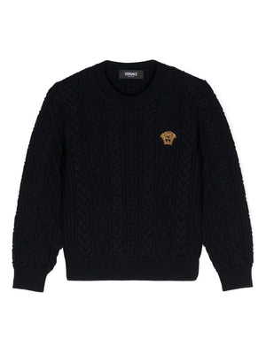 Maglione a trecce con testa di Medusa per bambino Versace Kids blu con stile pull on