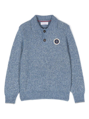 Brunello Cucinelli Kids blue sweater with applique for boys with ribbed trim