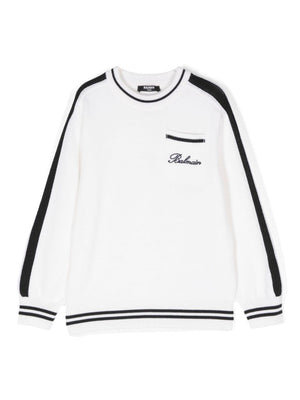 Balmain Kids white embroidered logo sweater with striped trim for boys