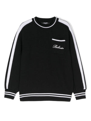 Balmain Kids black embroidered logo sweater with striped trim for boys