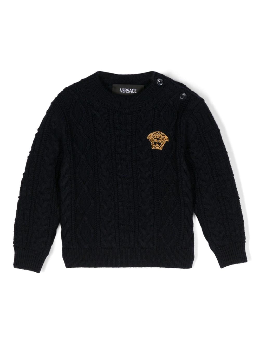 Maglione con ricamo Medusa per neonato Versace Kids blu con abbottonatura sulla spalla - Rubino Kids