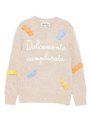 Maglione per bambina MC2 Saint Barth Kids beige con scritta ricamata sul davanti 