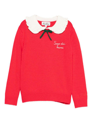 Maglione per bambina MC2 Saint Barth Kids rosso natalizio con dettaglio fiocco verde