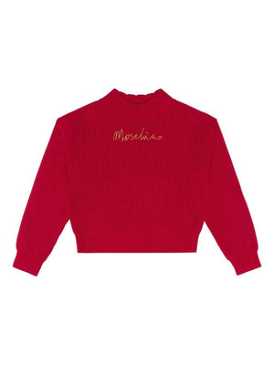 Moschino Kids red sweater for girls with gold logo embroidery