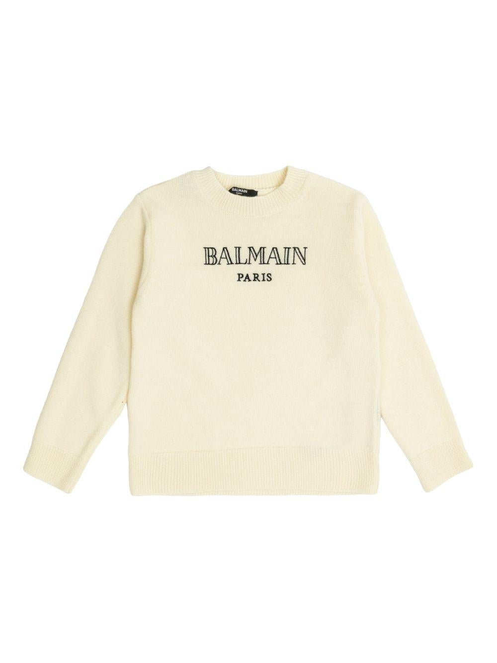 Maglione per bambino Balmain Kids beige con logo a intarsio e girocollo - Rubino Kids