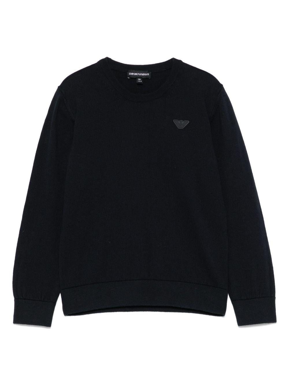 Maglione per bambino Emporio Armani Kids blu con applicazione logo e rifinitura a coste - Rubino Kids