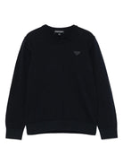 Maglione per bambino Emporio Armani Kids blu con applicazione logo e rifinitura a coste - Rubino Kids