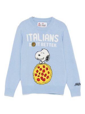 Maglione per bambino MC2 Saint Barth Kids azzurro con ricamo Snoopy e pizza