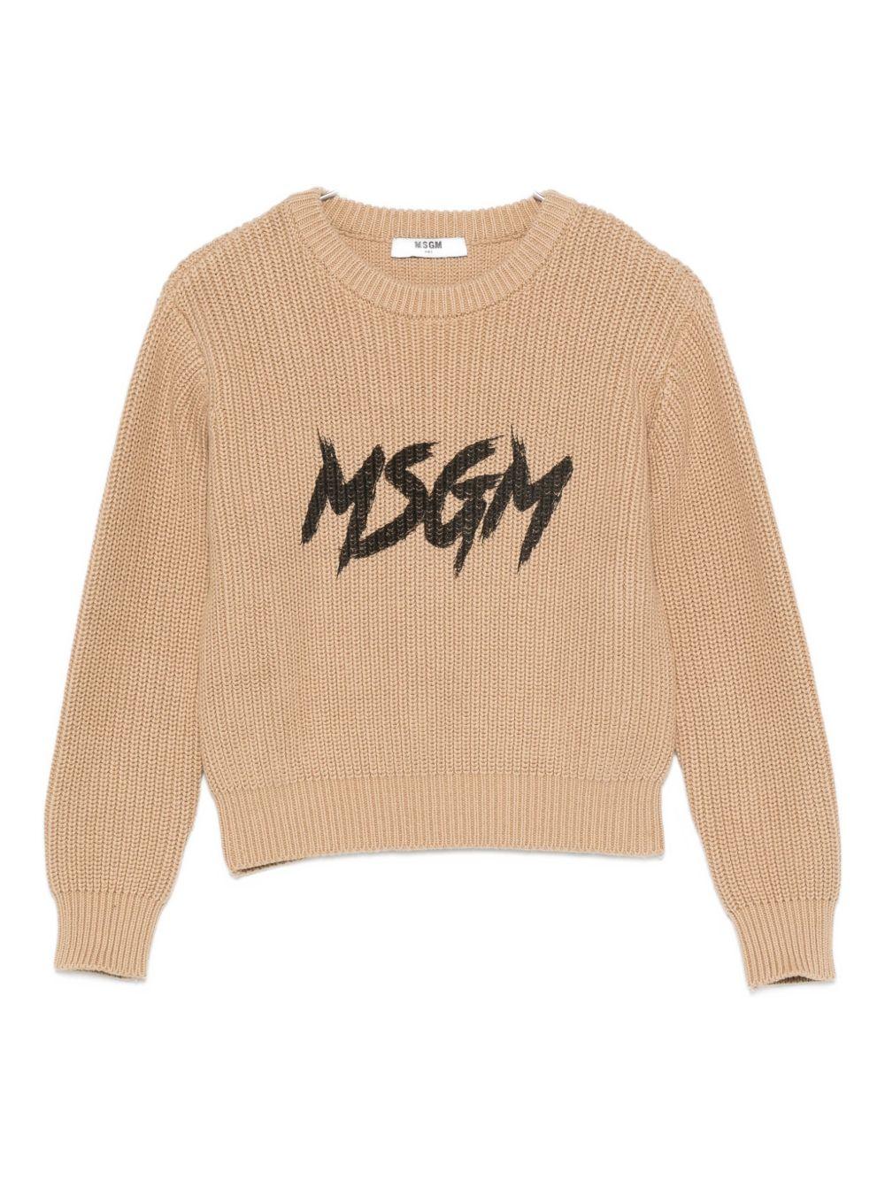 Maglione per bambino MSGM Kids beige con logo a contrasto sul davanti - Rubino Kids